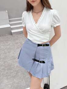 Buckle Detail Pleated Skirt - Dusty Blue - View 4