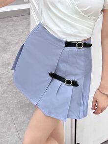 Buckle Detail Pleated Skirt - Dusty Blue - View 5