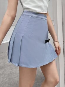 Buckle Detail Pleated Skirt - Dusty Blue - View 6