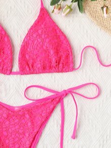 霓虹粉三角泳衣T型丁字褲 - 玫紅色 - 查看 4