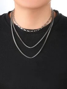 Men Minimalist Layered Chain Necklace - Silver - View 1