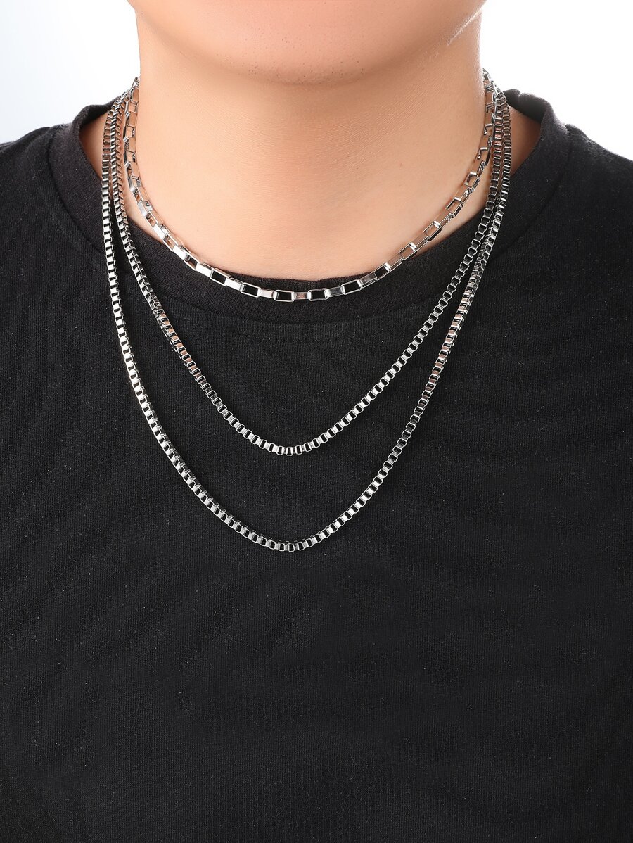 Men Minimalist Layered Chain Necklace - Silver - View 1