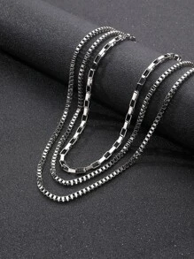 Men Minimalist Layered Chain Necklace - Silver - View 2