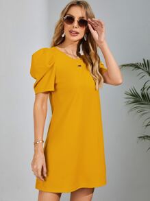 SHEIN Clasi Puff Sleeve Solid Dress - Mustard Yellow - View 5