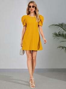 SHEIN Clasi Puff Sleeve Solid Dress - Mustard Yellow - View 6