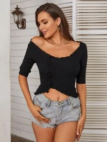 Knit Mix Lettuce Trim Asymmetrical Hem Crop Knit Top - Black - View 3