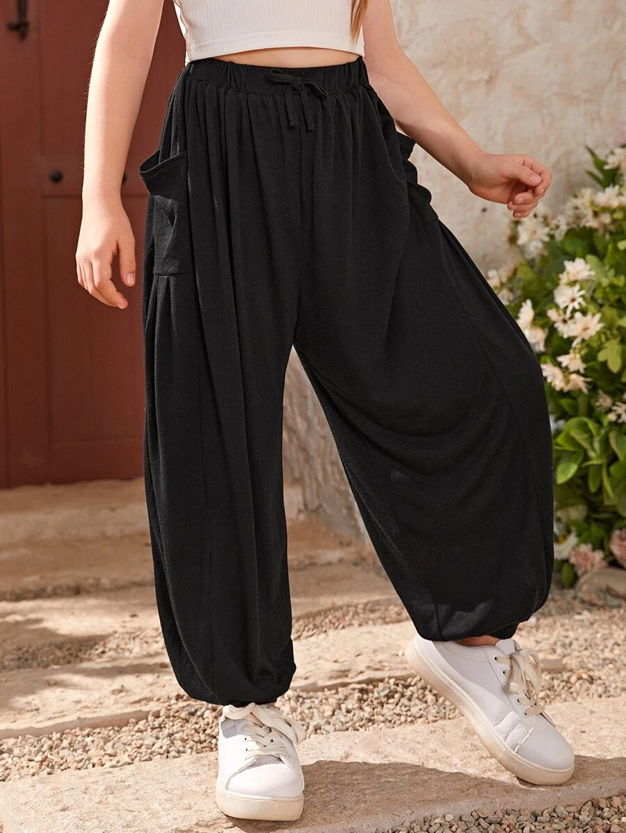 SHEIN 青少女街頭風寬鬆版型前雙口袋蝴蝶結胡蘿蔔褲