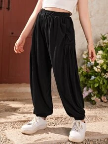 SHEIN 青少女街頭風寬鬆版型前雙口袋蝴蝶結胡蘿蔔褲