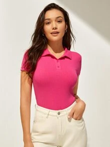 SHEIN Polo領素色條紋針織T恤 - 玫紅色 - 查看 4