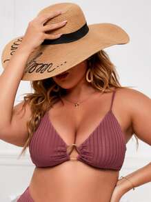SHEIN Swim Curve Top de bikini de punto acanalado con detalle de anillo en talla grande para verano - Color caoba - Ver 1