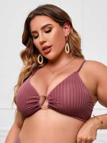 SHEIN Swim Curve Top de bikini de punto acanalado con detalle de anillo en talla grande para verano - Color caoba - Ver 3
