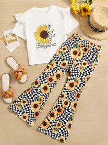 SHEIN Girls Butterfly & Sunflower Print Ruffle Trim Tee & Flare Leg Trousers - Black and White - View 1