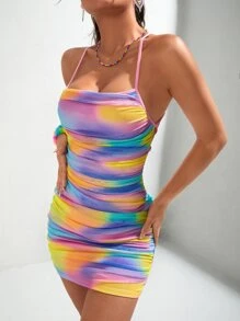 SHEIN ICON 多巴胺穿衣法漸層褶邊繫帶露背緊身洋裝