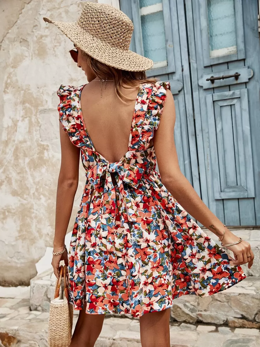 SHEIN Frenchy 滿版印花露背打結荷葉邊連衣裙 - 彩色 - 查看 1