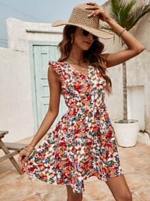 SHEIN Frenchy 滿版印花露背打結荷葉邊連衣裙 - 彩色 - 查看 6