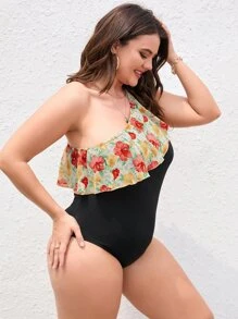 Body con estampado floral de un hombro ribete con fruncido - Negro - Ver 4