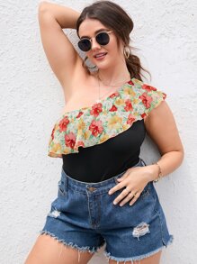 Body con estampado floral de un hombro ribete con fruncido - Negro - Ver 5