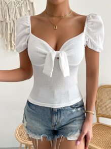 SHEIN Privé 前打結雞心領口泡泡袖T恤