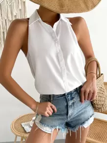 SHEIN Essnce Áo sơ mi Không tay Nút phía trước - trắng - Xem 7