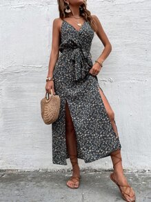 SHEIN VCAY 小碎花圖案開衩腰帶吊帶連衣裙 - 彩色 - 查看 4