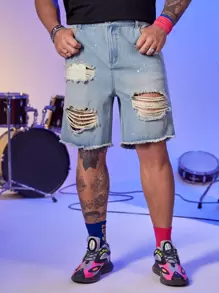 GENTILAND Hombres Shorts mezclilla bermuda desgarro bajo crudo - Lavado ligero - Ver 1