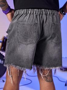 Manfinity RebelGame Hombres Shorts mezclilla bermuda desgarro bajo crudo - Gris - Ver 2