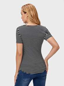 SHEIN Maternity Striped Curved Hem Nursing Tee - Black - View 2