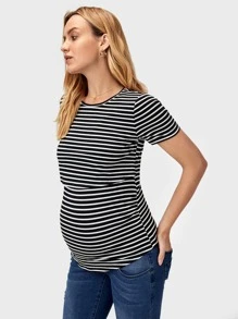 SHEIN Maternity Striped Curved Hem Nursing Tee - Black - View 3