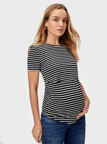 SHEIN Maternity Striped Curved Hem Nursing Tee - Black - View 5