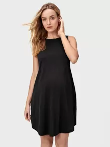 SHEIN 孕婦素色弧形下擺背心洋裝 - 黑色 - 查看 1