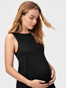 SHEIN 孕婦素色弧形下擺背心洋裝 - 黑色 - 查看 5