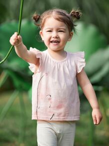 Top con volantes y estampado de loto para niñas jóvenes - Rosa Pálido - Ver 1