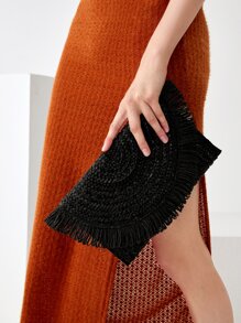 SHEIN VCAY Luxury Dinner Bag, Evening Bag Glamorous, Elegant, Exquisite, Quiet Luxury Fringe Trim Flap Straw Bag For Lady, Woman, For Party Girl Perfect for Party, Wedding, Prom, Dinner/Banquet, Dinner/Banquet, Best Gift For Women Mom Teacher Friend Bridesmaid - Black - View 1