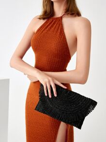 SHEIN VCAY Luxury Dinner Bag, Evening Bag Glamorous, Elegant, Exquisite, Quiet Luxury Fringe Trim Flap Straw Bag For Lady, Woman, For Party Girl Perfect for Party, Wedding, Prom, Dinner/Banquet, Dinner/Banquet, Best Gift For Women Mom Teacher Friend Bridesmaid - Black - View 2