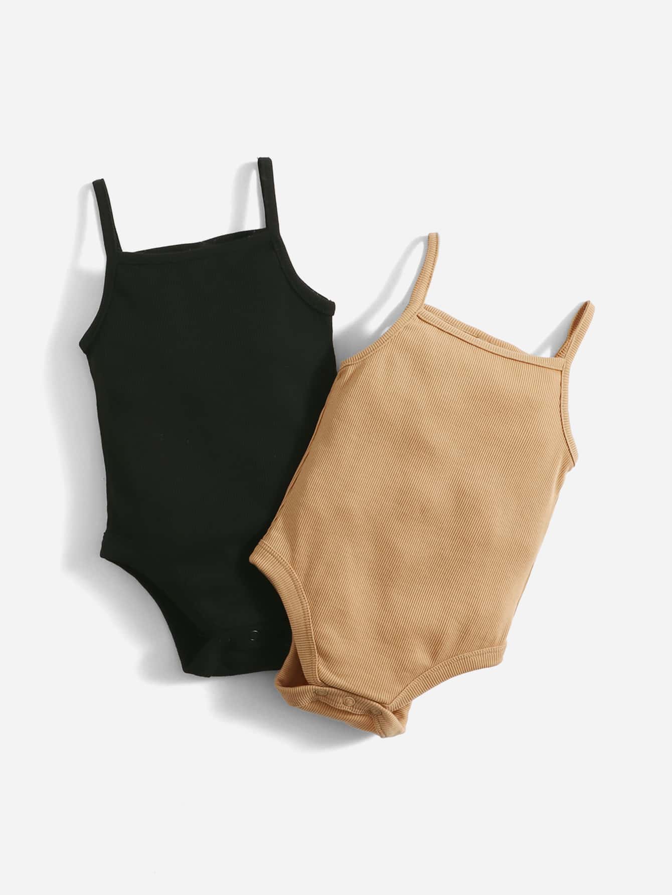 SHEIN Conjunto de 2 piezas de body de punto acanalado con tirantes y detalles de botones para bebé niña - Multicolor - Ver 1