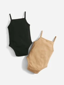 SHEIN Conjunto de 2 piezas de body de punto acanalado con tirantes y detalles de botones para bebé niña - Multicolor - Ver 2