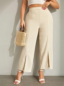 SHEIN LUNE Plus High Waist Slit Hem Wide Leg Trousers - Beige - View 1
