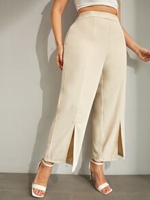 SHEIN LUNE Plus High Waist Slit Hem Wide Leg Trousers - Beige - View 3