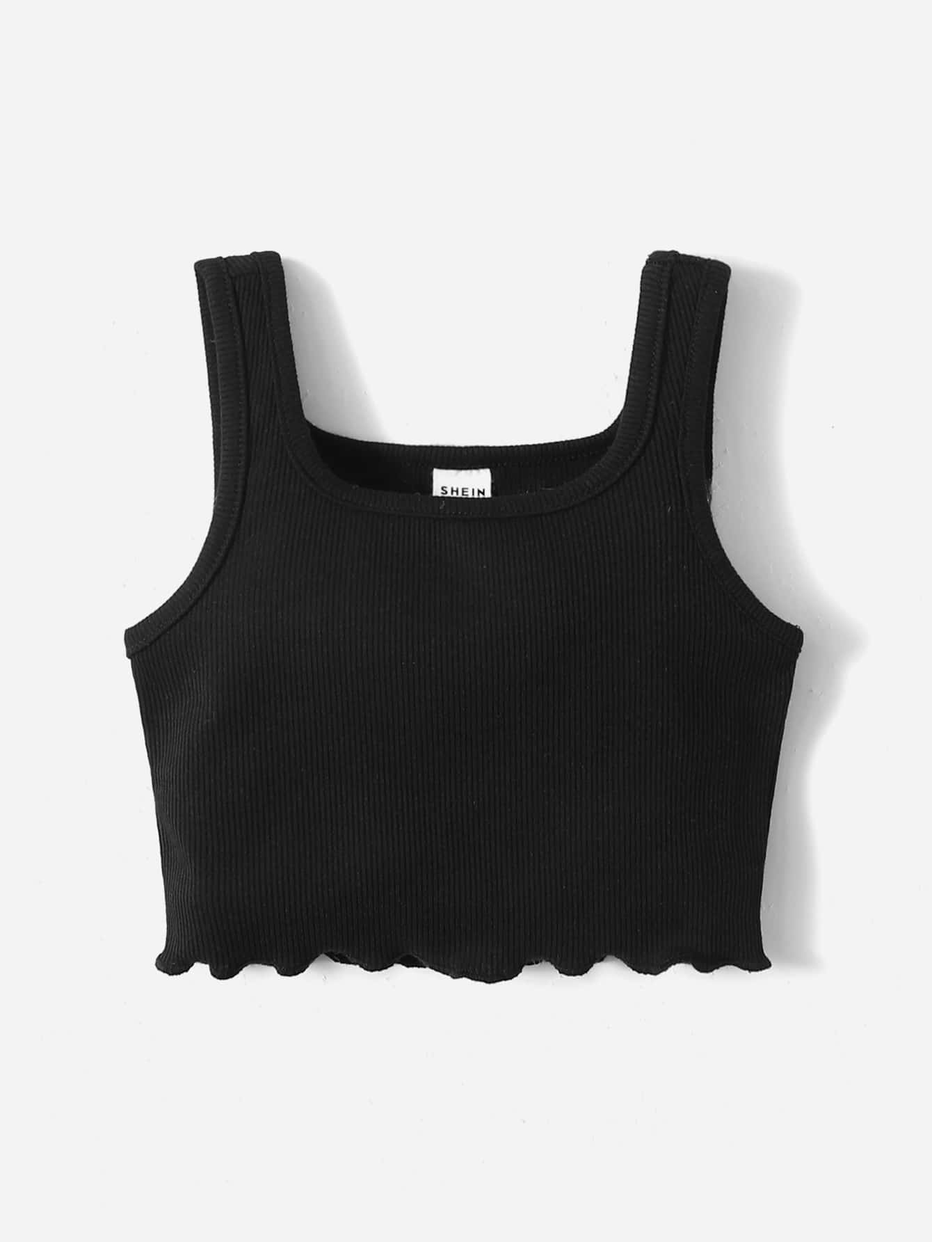 SHEIN Baby Girl Ribbed Knit Lettuce Trim Tank Top - Black - View 1