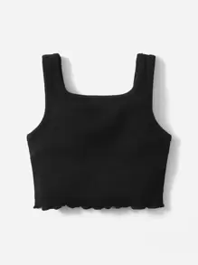 SHEIN Baby Girl Ribbed Knit Lettuce Trim Tank Top - Black - View 2