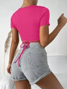 SHEIN Unity Solid Crisscross Tie Back Crop Tee - Hot Pink - View 2