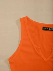 Trelyra Neon Orange Notch Neck Rib-knit Tank Top