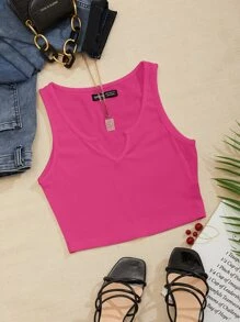 SHEIN Unity Notch Neck Rib-knit Tank Top - Hot Pink - View 1