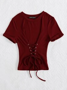 Áo thun nữ Ren lên Thùa khuyết màu trơn Gợi cảm - Màu Đỏ Sâu - Xem 5