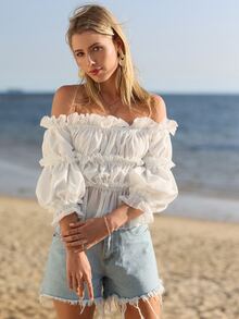 Blusa de hombros descubiertos fruncido ribete con fruncido peplum de gasa - Blanco - Ver 3