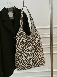 Zebra Striped Shopper Bag Medium Double Handle Portable - Brown - View 8