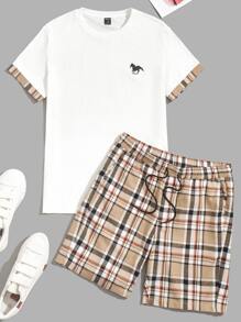 Manfinity NXTstreet Men Cotton Horse Print Contrast Plaid Trim Tee & Drawstring Waist Shorts - Multicolor - View 1
