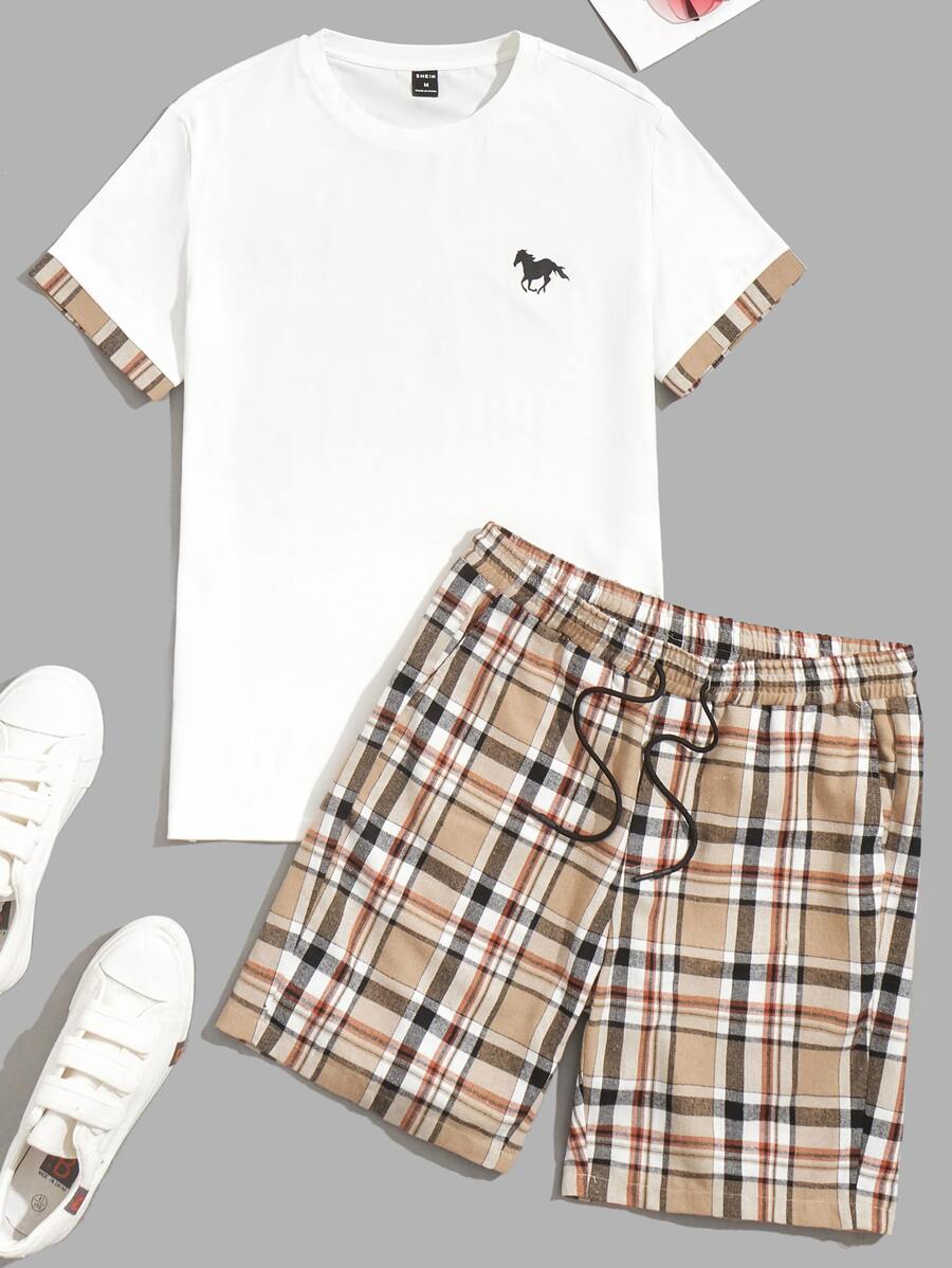 Manfinity NXTstreet Men Cotton Horse Print Contrast Plaid Trim Tee & Drawstring Waist Shorts - Multicolor - View 1