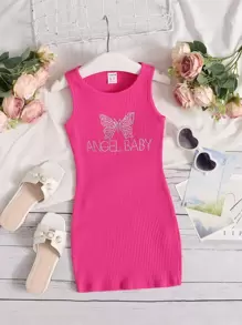 SHEIN Đầm bé gái Pha lê kim cương Gân đan Lá thư Loại bướm Ăn mặc đẹp - Màu Hồng Tươi - Xem 1