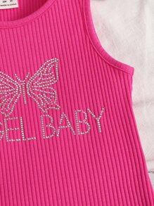 SHEIN Đầm bé gái Pha lê kim cương Gân đan Lá thư Loại bướm Ăn mặc đẹp - Màu Hồng Tươi - Xem 3